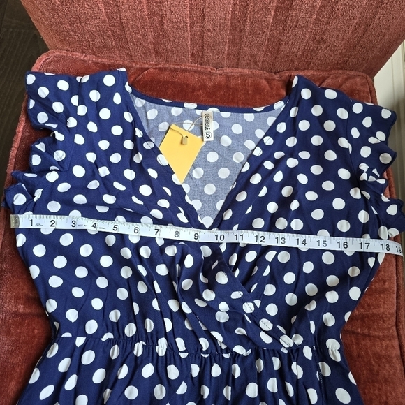 NWT Grecerelle V-Neck Faux Wrap Blue White Polka Dot Dress Ruffle Sleeve Sz. S - Picture 8 of 14